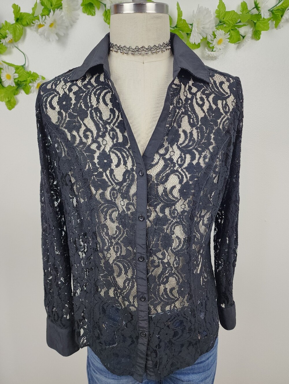 Lane Bryant Black Lace Button-Front Shirt Sz 14